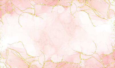 Pink alcohol ink mixed with glitter gold pattern elegant abstract ink flow art with translucent background