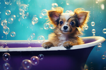 Cute Dog Embracing Bathtime Bliss in a Tub, Overflowing with Foam and Pure Happiness. Ai generated