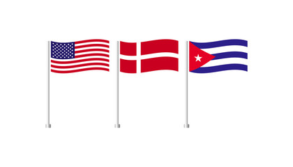 National flags of countries. Flags of America, Denmark, Cuba icons. Colored national flags of countries on a flagpole. Vector icons