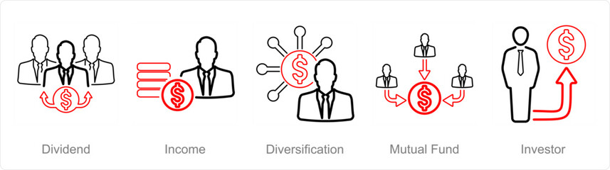 Fototapeta na wymiar A set of 5 Investment icons as dividend, income, diversification