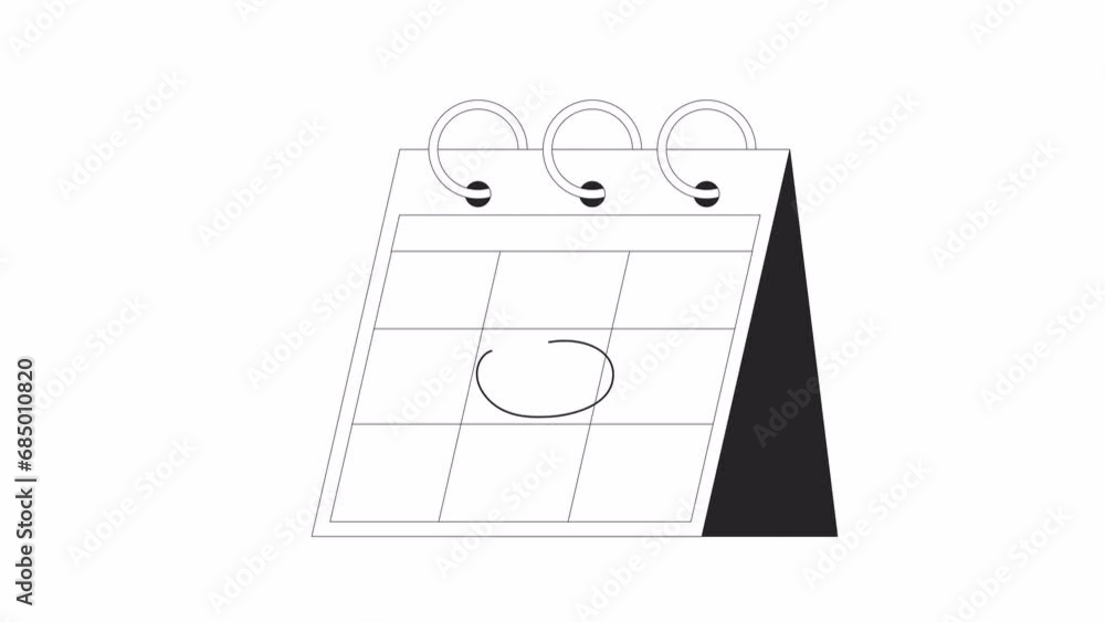 Poster encircling calendar date on flip calender bw outline 2d object animation. productivity routine, appo