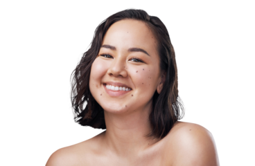 Woman, beauty and smile in portrait, cosmetics and confident or isolated on transparent png background. Asian female person, face and positive mindset for skincare, dermatology and self care or relax