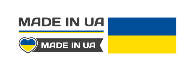 Made in Ukraine icons. National flag of UA in the shape of a square, heart. Made in Ukraine national flag. Vector icons