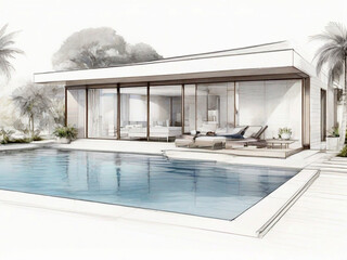 Architectural sketch of a villa. Created using generative AI tools