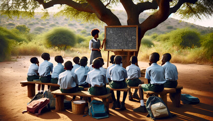 African school children attend class outside under a tree in a rural village.