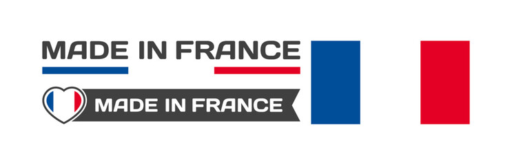 Made in France icons. National flag of France in the shape of a square, heart. Made in France national flag. Vector icons