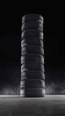 Big Stack of car tires set with a great profile on illuminates asphalt, smoke