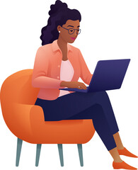 A woman, person, using laptop computer cartoon illustration. Possibly remote working online from home or running a business as an entrepreneur or freelancer. Could also be a college student studying.