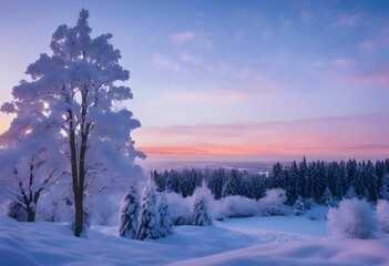 AI illustration of a peaceful winter landscape featuring snow-covered trees, and a pink sky.
