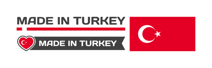 Made in Turkey icons. National flag of Turkey in the shape of a square, heart. Made in Turkey national flag. Vector icons