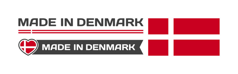 Made in Denmark icons. National flag of Denmark in the shape of a square, heart. Made in Denmark national flag. Vector icons