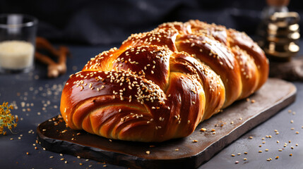 Homemade challah bread with sesame seeds on a grey table