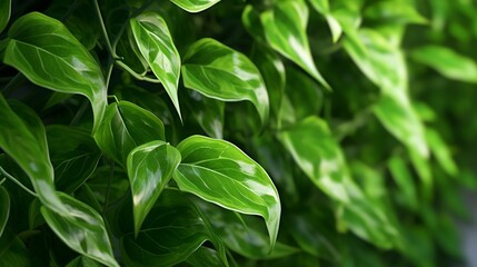 A close-up of a healthy Pothos vine with glossy leaves, showcasing its intricate leaf patterns. 8K