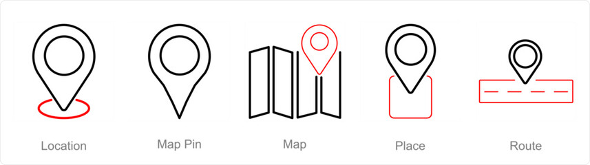 A set of 5 Location icons as location, map pin, map