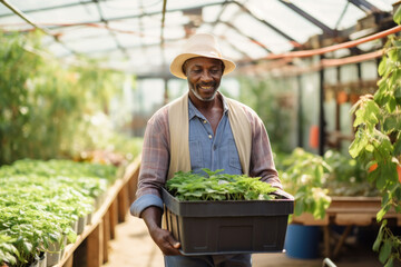 Male middle aged african gardener with box walking in greenhouse