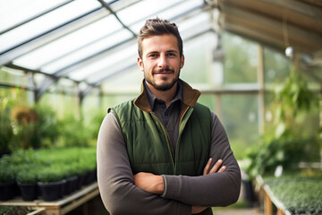 Portrait male gardener in greenhouse - obrazy, fototapety, plakaty