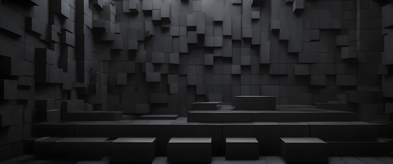 Geometric Matte Black Abstract Background of 3d Dimensional Anthracitic Square Boxes in Room, With Interior Design Lighting From Above, Over a Sleek Modern Textured Floor Surface.