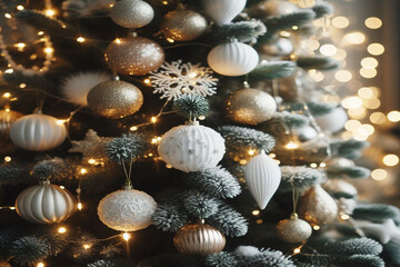 christmas background with balls and snowflakes and bokeh lights