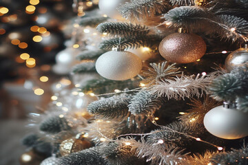 christmas tree with baubles and decorations and bokeh lights