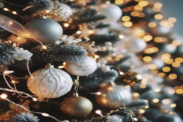 christmas background with white decor balls and bokeh lights