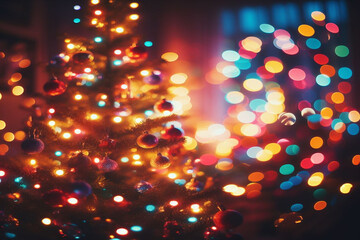 christmas background with christmas tree lights and bokeh background