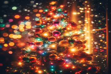 christmas tree with balls, decorations and bokeh lights