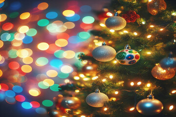 christmas background with christmas tree and bokeh lights