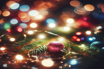 christmas tree with ornament and bokeh lights