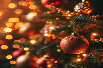 christmas tree ornament with bokeh lights background