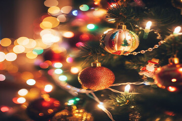 christmas tree decoration with bokeh lights backgroun