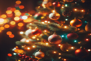 christmas background with balls and bokeh lights