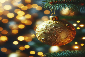 golden christmas ball with bokeh lights