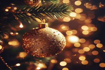 golden christmas ball with bokeh lights background