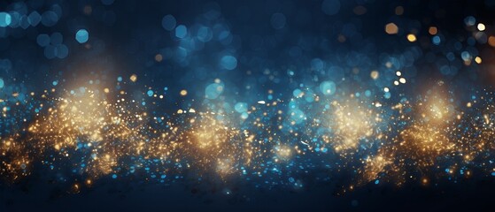 Abstract glitter lights background in blue, gold and black colors. De-focused bokeh effect. Banner design element.