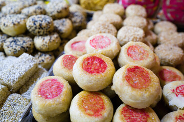 Traditional Khmer cakes for sale in orussey market in Phnom Penh