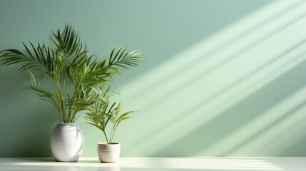 Fototapeta na wymiar Minimalist abstract gentle light mint green background for product presentation with light and intricate shadows from the window and vegetation on the wall.