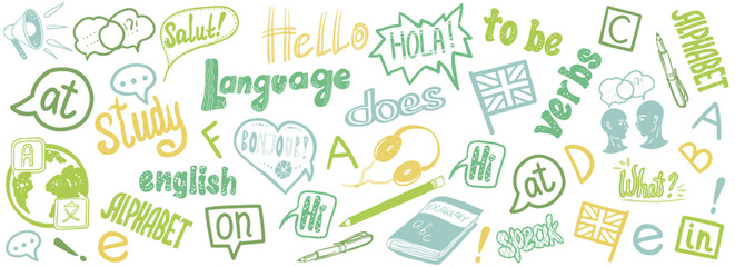 Studying language at school sketch doodle background. Vector hand drawn.