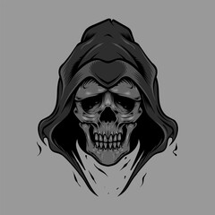 Grim reaper hooded skull head illustration and tshirt design