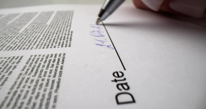Hand signing contract and putting date on document closeup 4k movie. Certification of important papers concept