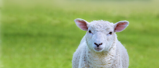 Fototapeta premium portrait of a cut white lamb looking camera in a green meadow.