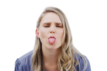 Angry, portrait and frustrated woman with tongue out on isolated, transparent and png background. Face, emoji and female model with rebel expression, gesture or bad mood, reaction or attitude sign