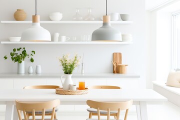 A bright and modern kitchen interior with a white table, wooden furniture, and eclectic decor elements.
