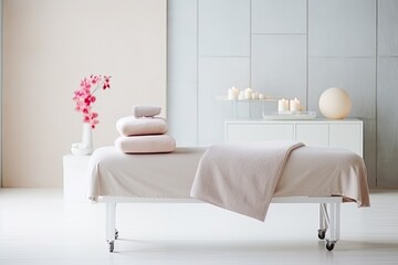 A serene spa room with a neat massage bed, towels, and aromatic candles, promoting relaxation and well-being.