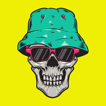 Human skull wearing bucket head and sunglasses illustration and tshirt design