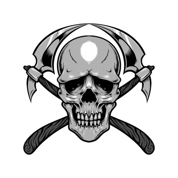 Skull with crossed scythe illustration and tshirt design