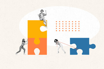 Collage artwork photo of young girls decided create startup together complete picture puzzles...