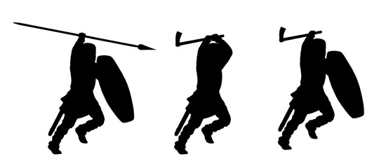 Gallic warriors on the attack. Ancient warriors silhouette drawing.