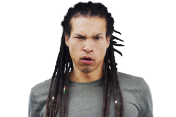 Portrait, confused and frown with a young man isolated on a transparent background to ask a question. Face, doubt and why with a frustrated or annoyed person on PNG with a huh facial expression