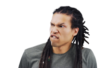 Isolated man, funny face and dreads for comic expression, thinking or idea by transparent png background. African person, student guy and crazy attitude for fashion, comedy or memory with braids hair