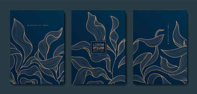 Vector art deco, luxury golden floral covers. Line japanese style leaves, algae, nature texture patterns, cover, flyer templates. Elegant wavy vintage brochures.